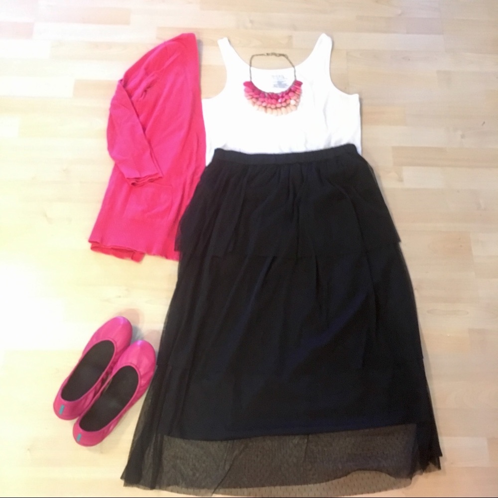 Polka Dot Lace Skirt +Hot Pink Cardigan + Necklace